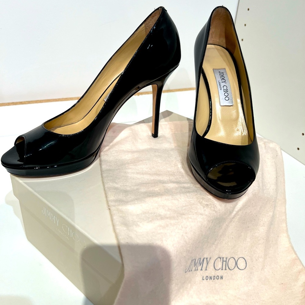 Jimmy Choo Black Patent Leather Luna Peep Toe Pump